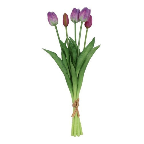 Bundt med 5 kunstige tulipaner i lilla og hvid, 41 cm