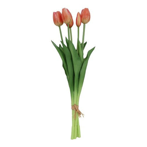 Bundt med 5 kunstige tulipaner i peach, 41 cm