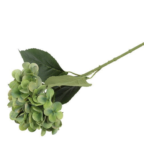 Grøn kunstig hortensia set fra siden med stilk og blade