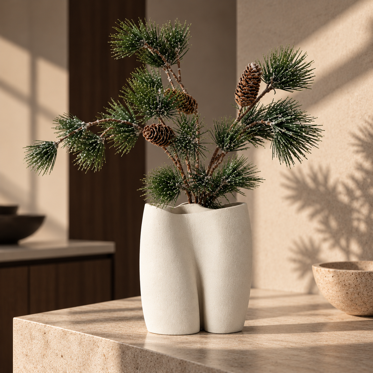 Kunstige fyrregrene med kogler i støvet grøn, bundt med 3 grene, 50 cm, stylest i Tela vase