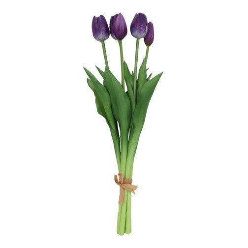 Bundt med 5 kunstige tulipaner i lilla, 41 cm