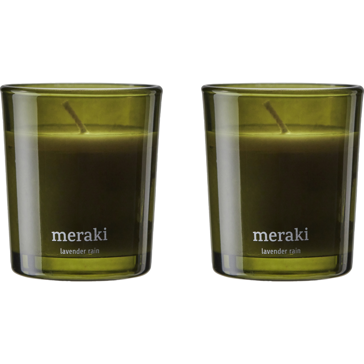 Duftlys Lavender Rain i grønt glas, 2-pak, fra Meraki