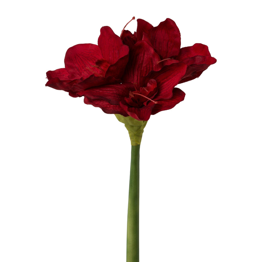 Rød kunstig amaryllis med tre blomster på lang stilk, 66 cm