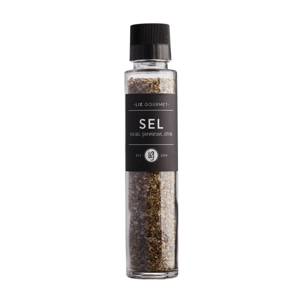 Urtesalt med basilikum, parmesan og citron i glaskværn fra Lie Gourmet